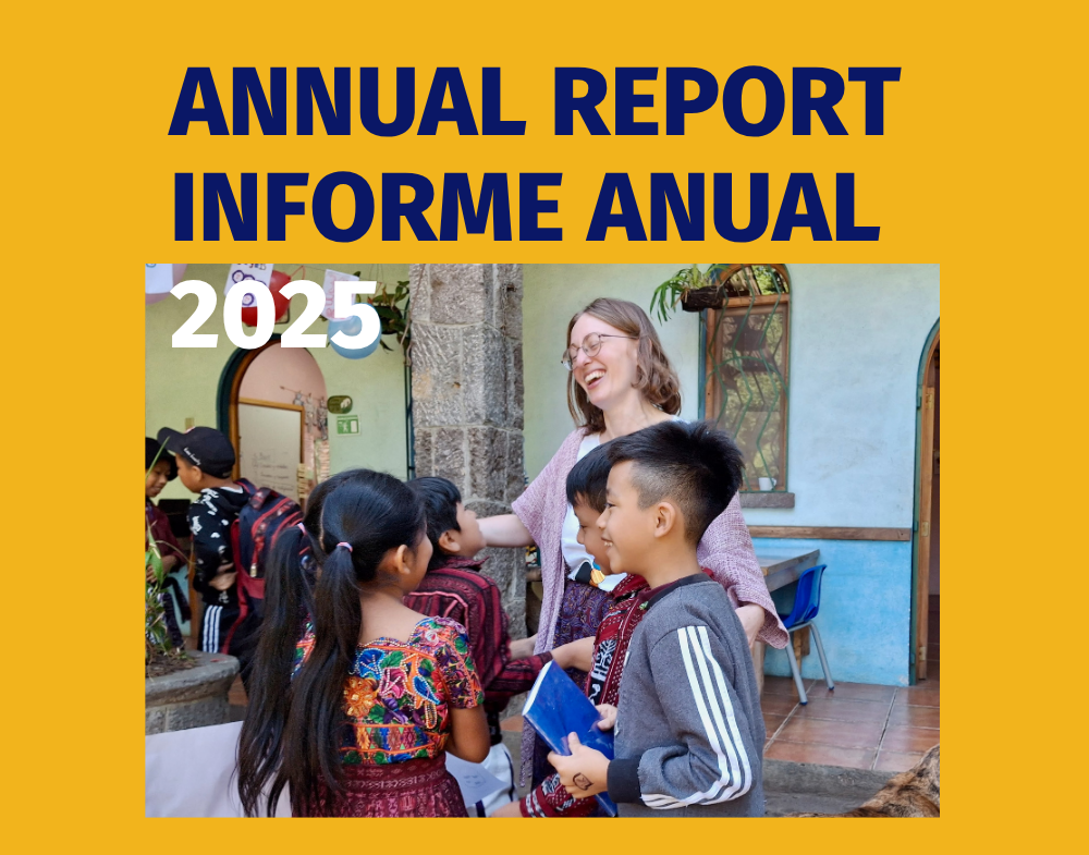 Annual Report Informe Anual 2025 banner featuring a teacher smiling and interacting with schoolchildren holding books in a colorful classroom courtyard setting