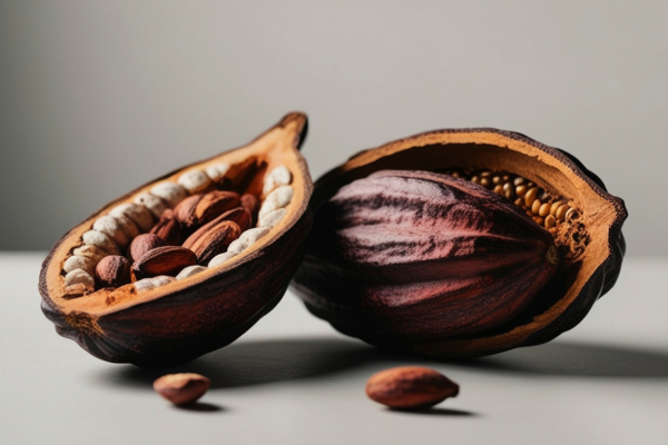 Split cacao pods showing cocoa beans and white pulp
