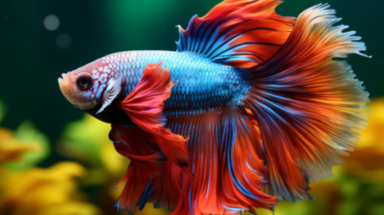Vibrant blue and red betta fish swimming in an aquarium with long flowing fins and colorful aquatic background
