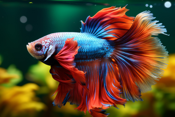 Vibrant blue and red betta fish swimming in an aquarium with long flowing fins and colorful aquatic background