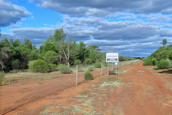 Long wire fence running beside a red dirt track through low green bushland under a cloudy blue sky with a sign nearby
