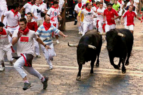 Two bulls charging along a cobblestone street as runners in white clothing with red scarves move alongside them during the Running of the Bulls festival