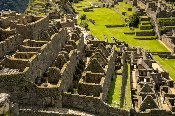 Elevated view of rows of stone buildings, terraces, and pathways within the ruins of Machu Picchu