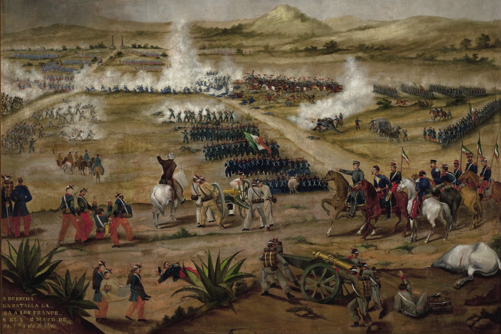 A historical painting depicting a large 19th-century battlefield with infantry, cavalry, cannons, and artillery fire as soldiers engage in combat across an open landscape, while military officers on horseback observe the fighting in the foreground