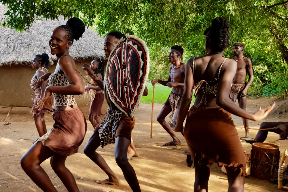 Traditional African dancers performing in patterned clothing with a decorated shield and drums beside a thatched-roof hut