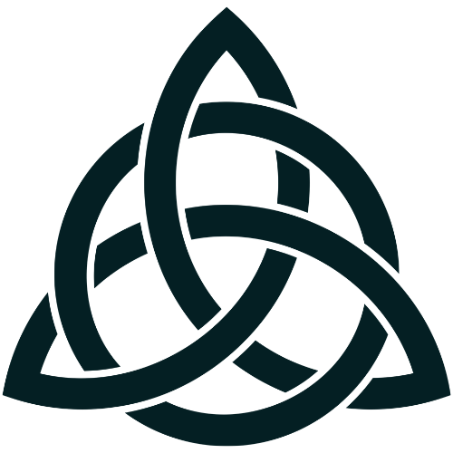 Black interwoven triquetra knot symbol with three looping points forming a symmetrical Celtic-style geometric design on a transparent background