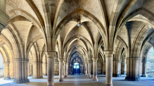 Interior of a Gothic Revival stone cloister featuring symmetrical pointed arches, ribbed vaulted ceilings, and rows of stone columns extending toward a central doorway.