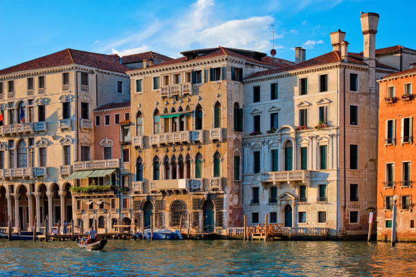 Historic Venetian palaces with ornate Gothic and Renaissance façades overlooking the Grand Canal in Venice, Italy