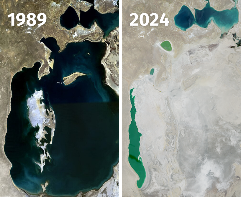 Satellite comparison of the Aral Sea in 1989 and 2024 showing its dramatic shrinkage, fragmented waters, and vast exposed former lakebed